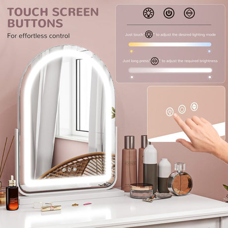 HOMCOM LED Vanity Mirror with Lights, 43 x 59cm Lighted Makeup Mirror with 3 Colour, 360° Rotation, Touch Screen, for Bedroom and Dressing Room, White