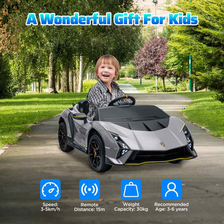 AIYAPLAY 12V Lamborghini Autentica Licensed Kids Electric Car with Remote Control, 4 Suspension Wheels, Soft Start, Grey