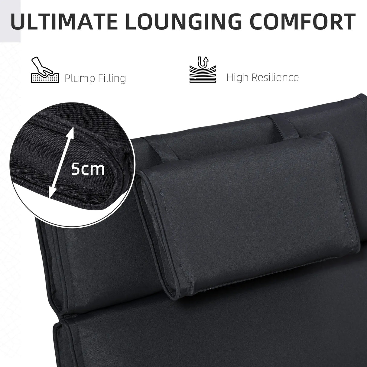 Outsunny Garden Sun Lounger Cushion Replacement Soft Sunbed Reclining Chair Relaxer Pad with Pillow, Cushion ONLY - Black
