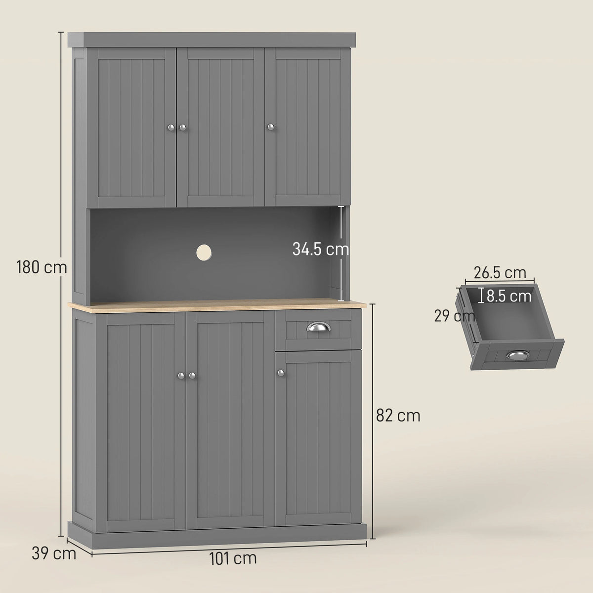 HOMCOM 180cm Freestanding Kitchen Cabinet, Modern Storage Cupboard with Open Countertop, Drawer and 6 Doors, Grey