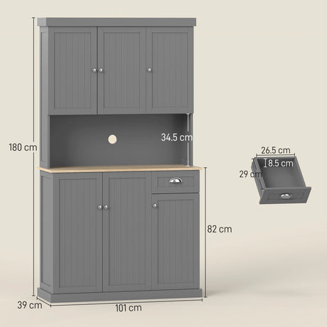 HOMCOM 180cm Freestanding Kitchen Cabinet, Modern Storage Cupboard with Open Countertop, Drawer and 6 Doors, Grey
