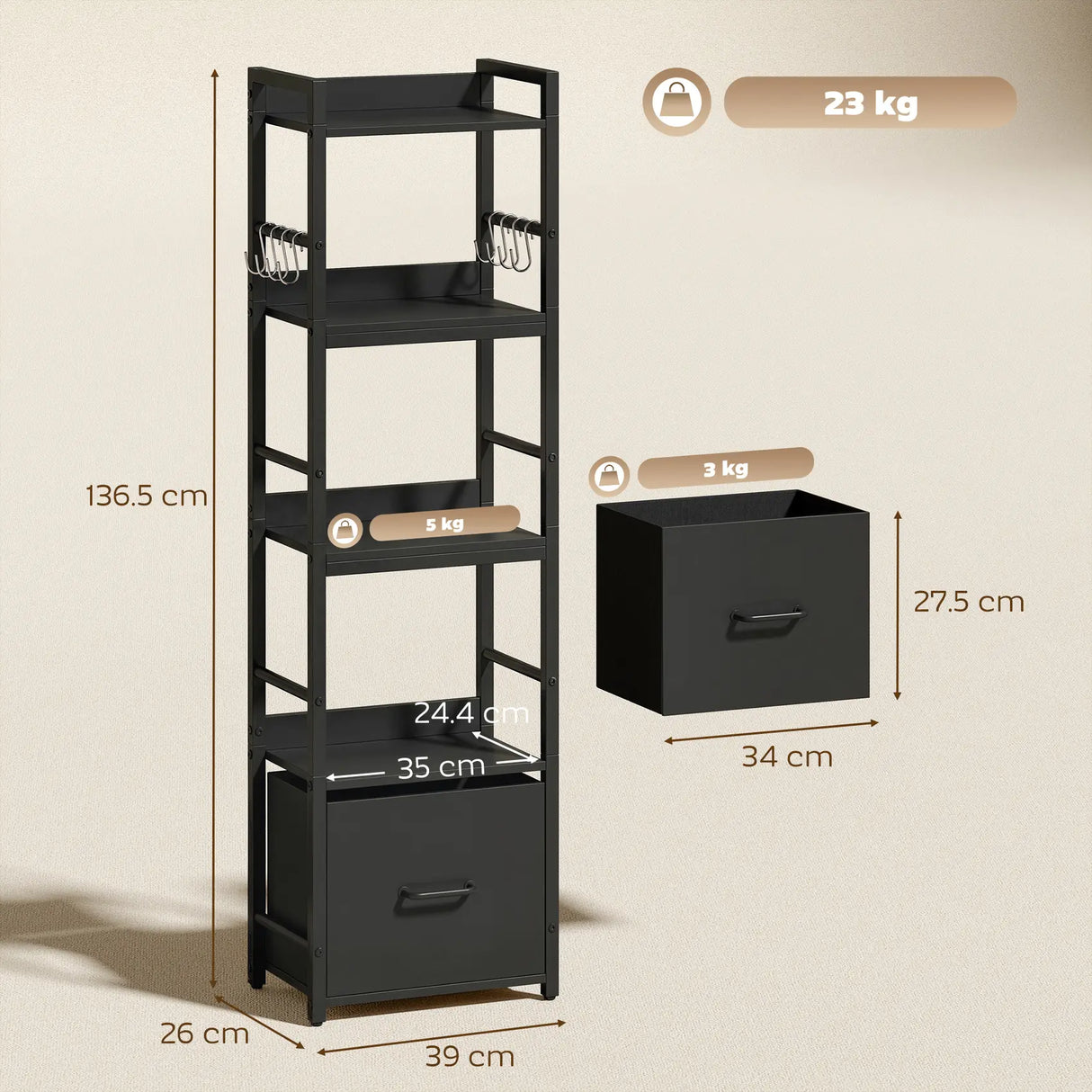 HOMCOM 4-Tier Bookshelf, Narrow Bookcase with Drawer, 8 Hooks, Metal Frame, Black