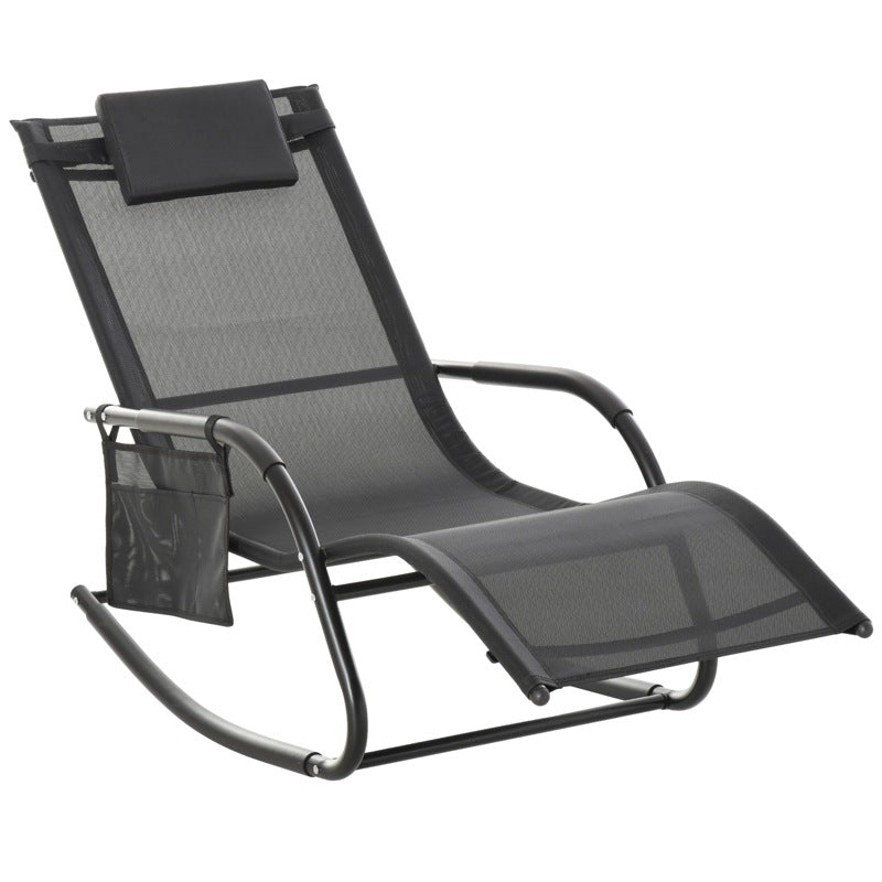 Outsunny Outdoor Garden Rocking Chair, Patio Sun Lounger Rocker Chair with Breathable Mesh Fabric, Removable Headrest Pillow, Armrest, Side Storage Bag, Black