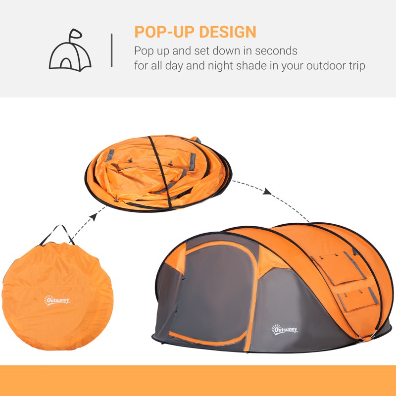 Outsunny 4 Person Pop-up Camping Tent Family Tent with Ground Sheet, 4 Windows and Portable Carry Bag for Beach Outdoor Trip, Orange