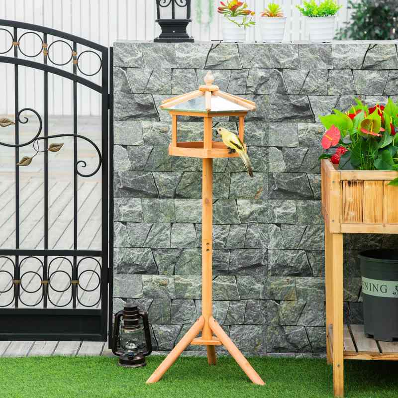 PawHut Wooden Bird Table Free Standing Feeder Garden Sheltered Feeding Station Parrot Stand Birdhouse Φ40x113cm