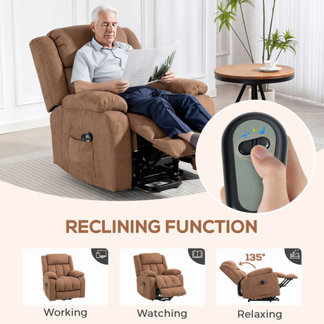 HOMCOM Power Lift Recliner Chair with Massage, Overstuffed Lift Chair for Elderly with Footrest, Remote and Side Pocket, Brown