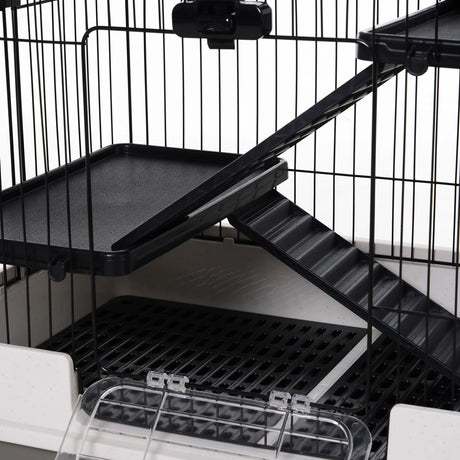 PawHut Four-Tier Small Animal Cage, for Bunnies, Ferrets, Chinchillas w/ Wheels, Tray - Black