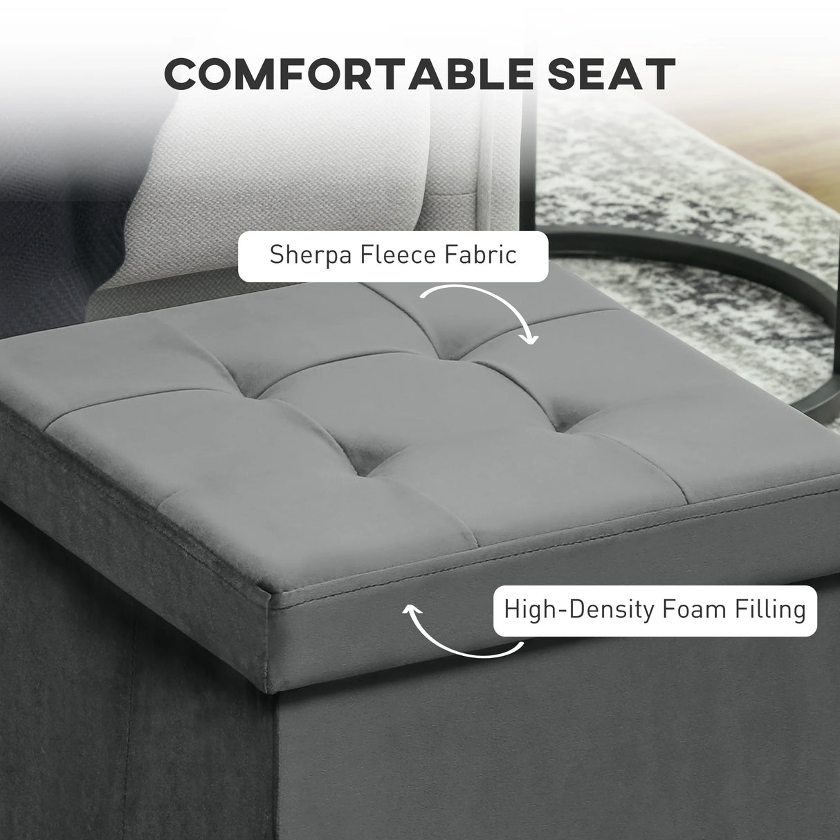 HOMCOM Foldable Velvet-Feel Storage Ottoman - Grey