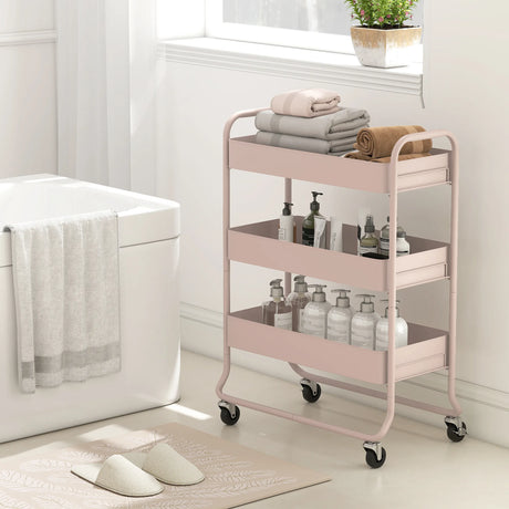 HOMCOM 3-Tier Storage Trolley on Wheels, Rolling Utility Cart with Mesh Backets for Kitchen, Bathroom, Bedroom, Light Pink