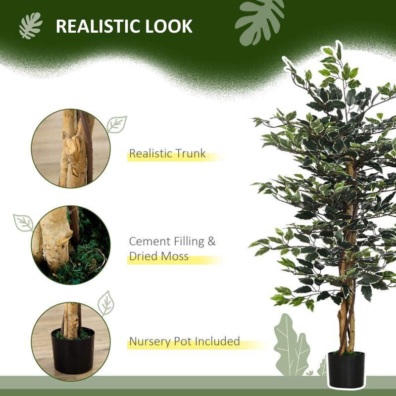 HOMCOM Artificial Ficus Tree in Pot, 130cm Tall Fake Plant with Lifelike Leaves and Natural Trunks, for Indoor Outdoor, Green