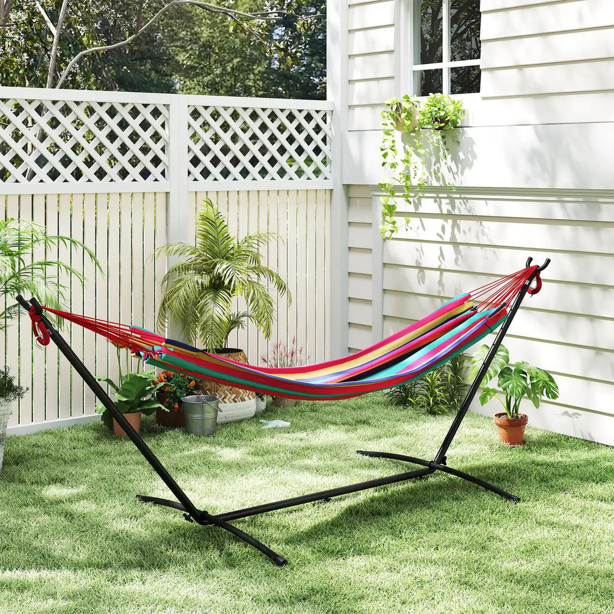 Outsunny 298 x 117cm Hammock with Stand Camping Hammock with Portable Carrying Bag, Adjustable Height, 120kg Load Capacity, Multicolour