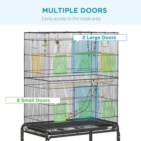 PawHut Large Bird Cage Budgie Cage with Stand, Toys, Wheels, Accessories, Storage Shelf for Canaries, Finches, Lovebirds, Parakeets - Black, 79 x 49 x 133 cm