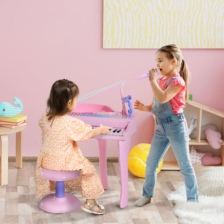 HOMCOM 37 Keys Kids Mini Electronic Keyboard Children Grand Piano with Stool Microphone Light Musical Instrument Educational Game Toy Set (Pink)