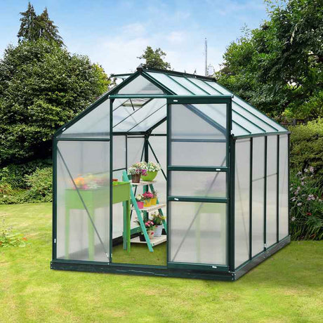 Outsunny 6 x 8ft Polycarbonate Greenhouse, Large Walk-In Green House with Slide Door and Window, Garden Plants Grow House with Aluminium Frame and Foundation, Dark Green