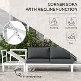 Outsunny 4 Pieces Garden Furniture Set, 5-Level Reclining Garden Corner Sofa Set, Outdoor Lounge Conversation Sectional with Cushions, Wood Effect Plastic Table, White Frame & Grey Cushion