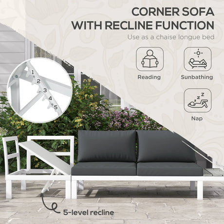 Outsunny 4 Pieces Garden Furniture Set, 5-Level Reclining Garden Corner Sofa Set, Outdoor Lounge Conversation Sectional with Cushions, Wood Effect Plastic Table, White Frame & Grey Cushion