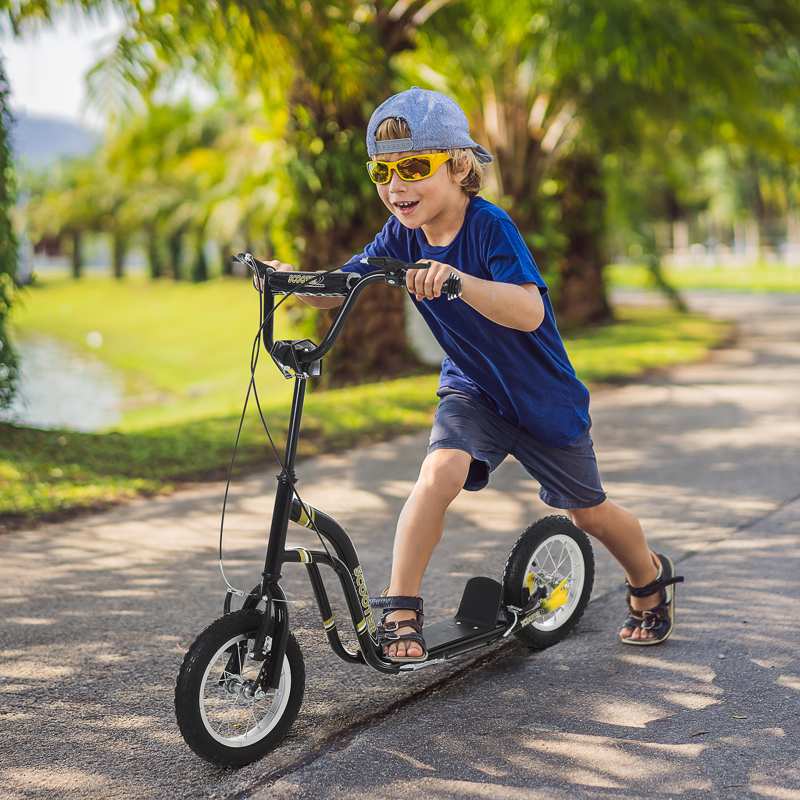 HOMCOM Teen Kids Stunt Scooter w/ Adjustable Handlebar, 12 Inch Rubber Tyres, Dual Brakes, Black
