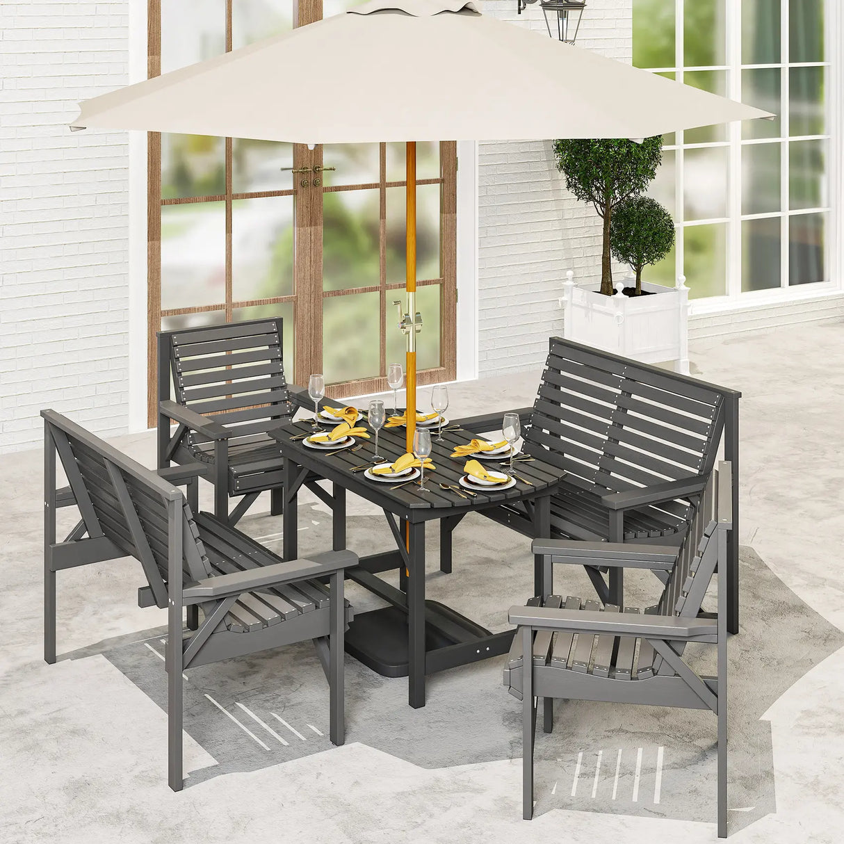 Outsunny 5 Piece Wooden Garden Dining Set for 6, Outdoor Conversation Set with 2 Armchairs, 2 Loveseats and Dining Table with Umbrella Hole for Patio, Balcony, Grey