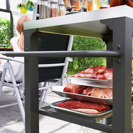 Outsunny Three-Shelf Outdoor Grill Cart with Stainless Steel Top, Outdoor Kitchen Island with 4 Wheels, 3 Hooks, Movable Food Prep Barbecue Pizza Oven Table for Kitchen, Garden, 65.5 x 41 x 79 cm