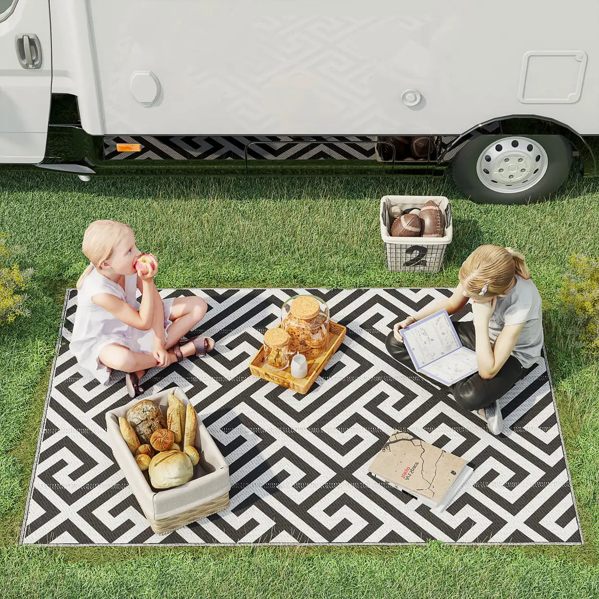 Outsunny Outdoor Rug Reversible Mat Plastic Straw Rug Portable RV Camping Mat for Garden Deck Picnic Indoor, 121 x 182 cm (4 x 6 ft), Black & White