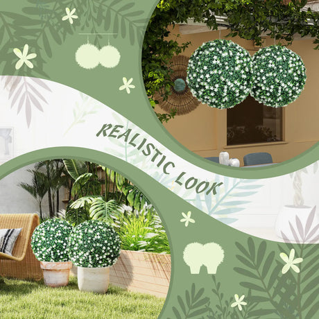 HOMCOM Set of Two Artificial Boxwood Balls Plants - White