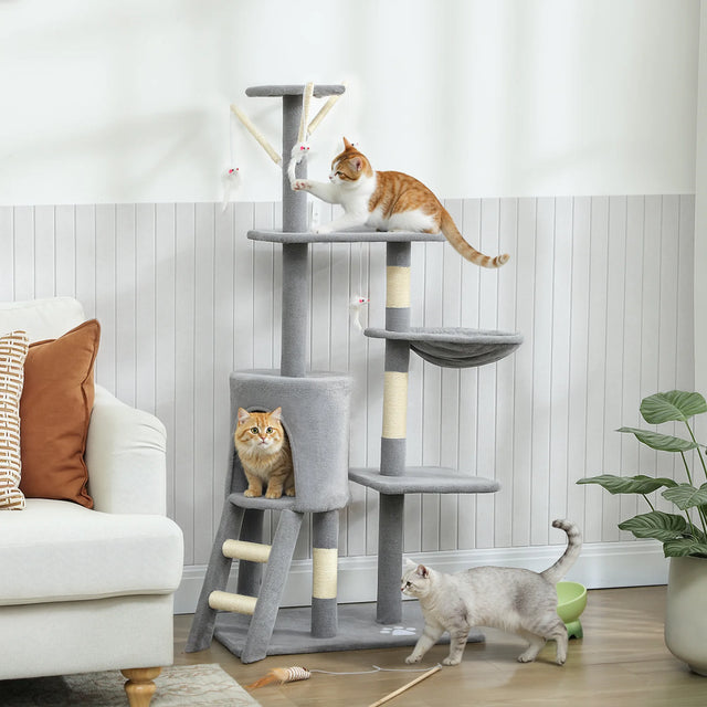 PawHut Multi-Level Cat Tower, 134cm Cat Tree with Condo and Sisal Scratching Posts for Indoor Kittens, Grey