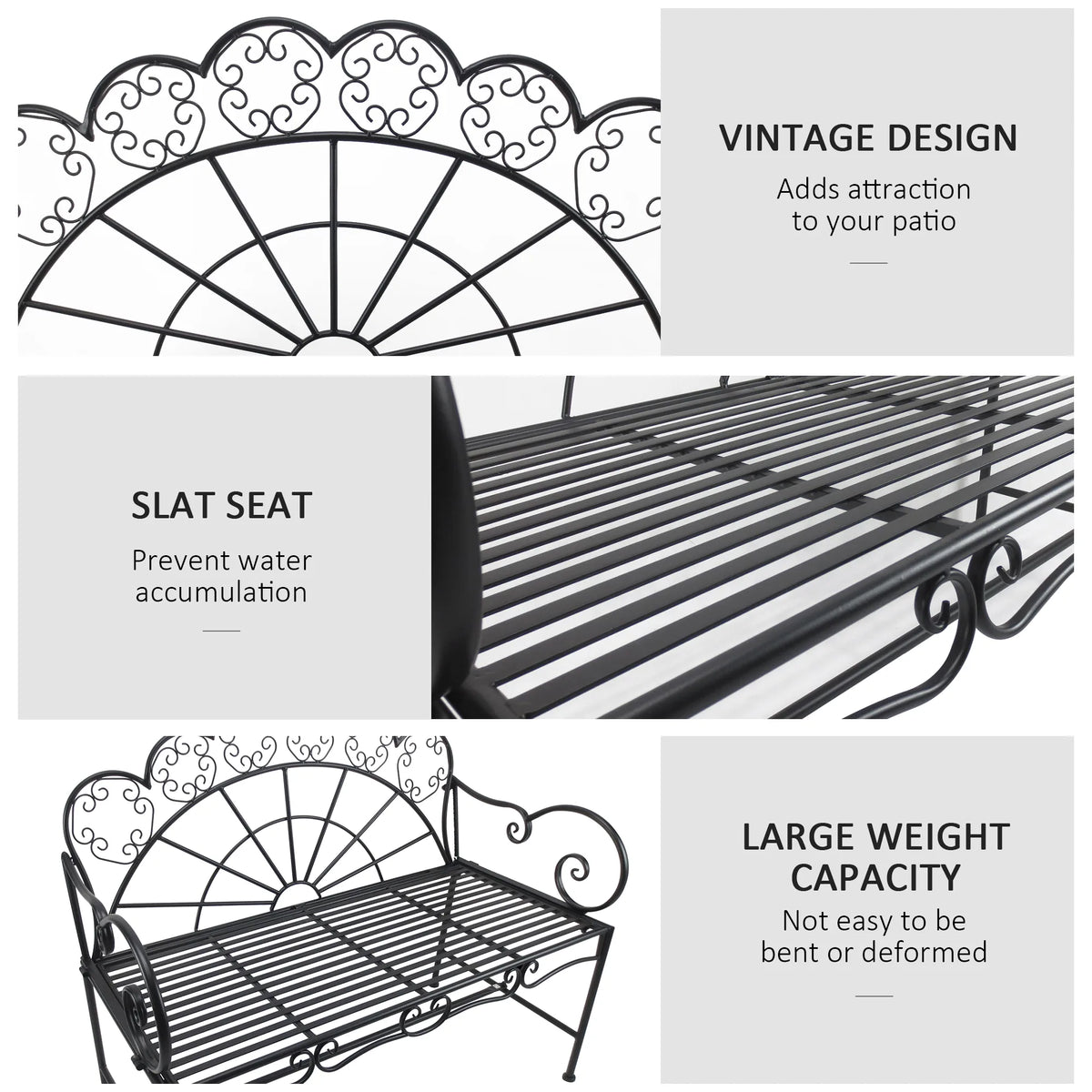 Outsunny Metal Garden Bench Loveseat with Slatted Seat, Black