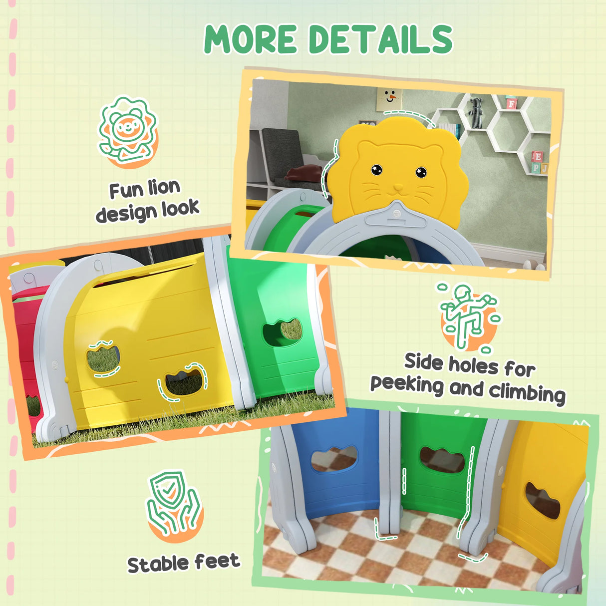 AIYAPLAY Kids Play Tunnel with Lion Design for 3-6 Years, Crawling, Climbing, Indoors & Outdoors