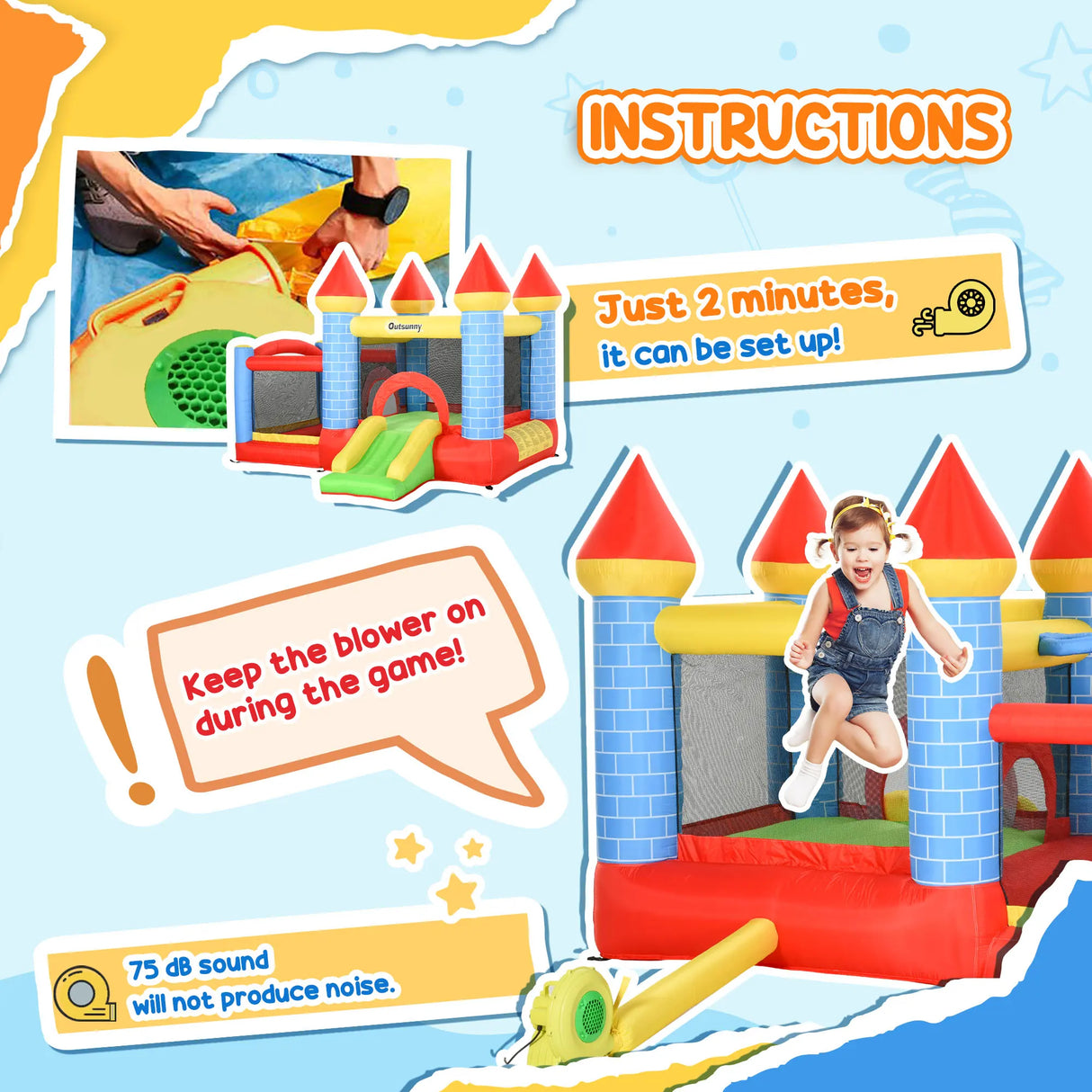 Outsunny Kids Bounce Castle Inflatable Trampoline Slide Pool Basket for Kids Age 3-10, 3 x 2.75 x 2.1m