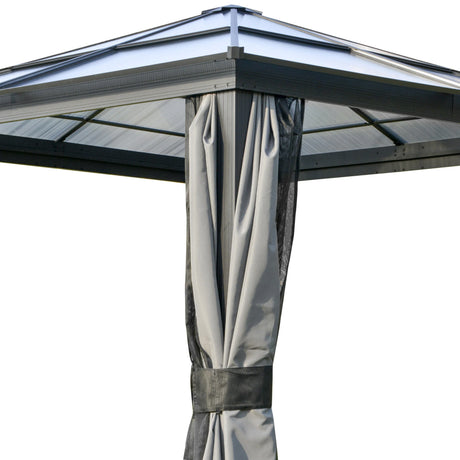 Outsunny 3 x 3(m) Hardtop Gazebo Canopy with Polycarbonate Roof, Aluminium Frame, Permanent Pavilion Garden Gazebo with Netting and Curtains for Patio, Deck, Dark Grey
