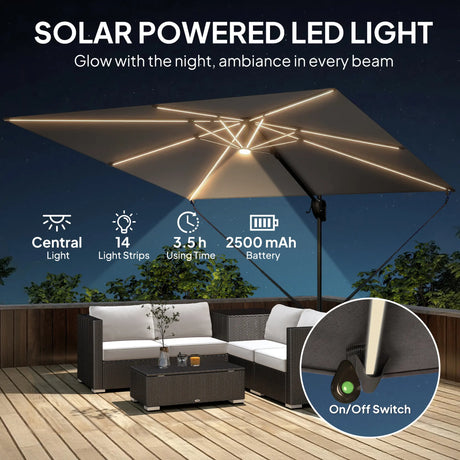 Outsunny 3 x 3 m Garden Cantilever Parasol w/ Light, Cover, UPF50+ Patio Umbrella w/ Wind Protection, 360 Rotation, Dark Grey