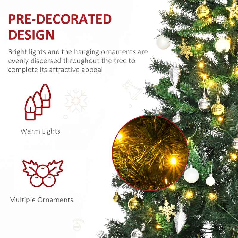 HOMCOM 1.8m 6ft Pre-Lit Artificial Christmas Tree 200 LED Xmas Tree Holiday Décor with Decorative Balls Ornament Metal Stand