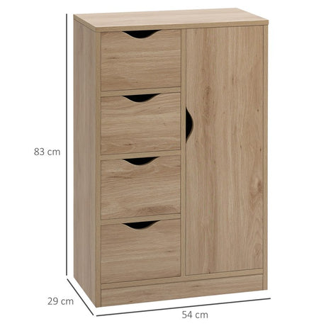 HOMCOM Bathroom Cabinet, Freestanding Storage Cabinet with 4 Drawers, Door Cupboard for Living Room, Kitchen, Bedroom, Natural