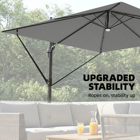 Outsunny 3 x 3 m Garden Cantilever Parasol with Light, Cover, Overhanging Umbrella w/ Wind Protection, 360 Rotation, Light Grey