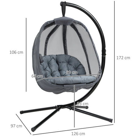 Outsunny Hanging Egg Chair, Folding Texteline Swing Hammock with Side Pocket, Cushion and Stand for Indoor Outdoor, Patio Garden Furniture, Grey