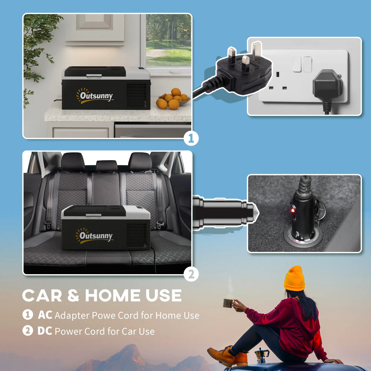Outsunny 16L Portable Car Fridge, -20C to 10C Adjustable Temperature - Black/Grey