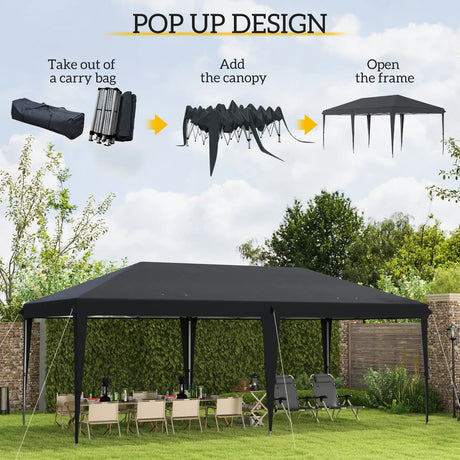 Outsunny Pop Up Gazebo 3 x 6m, Foldable Canopy Tent, Height Adjustable Wedding Awning Canopy w/ Carrying Bag, Black