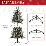 HOMCOM 5FT Artificial Snow Dipped Christmas Tree Xmas Pencil Tree Holiday Home Party Decoration with Foldable Feet Red Berries White Pinecones, Green