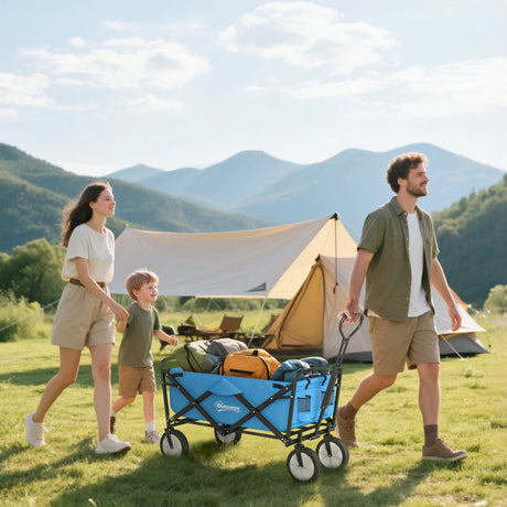 Outsunny 90L Festival Trolley on Wheels, Folding Camping Trolley Cart with Adjustable Handle, Portable for Outdoor, Garden, Shopping, Fishing, Blue