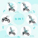 HOMCOM 6 in 1 Kids Trike with Parent Handle, Canopy, 5-point Safety Belt, Storage, Footrest, Brake, for 1-5 Years, Green