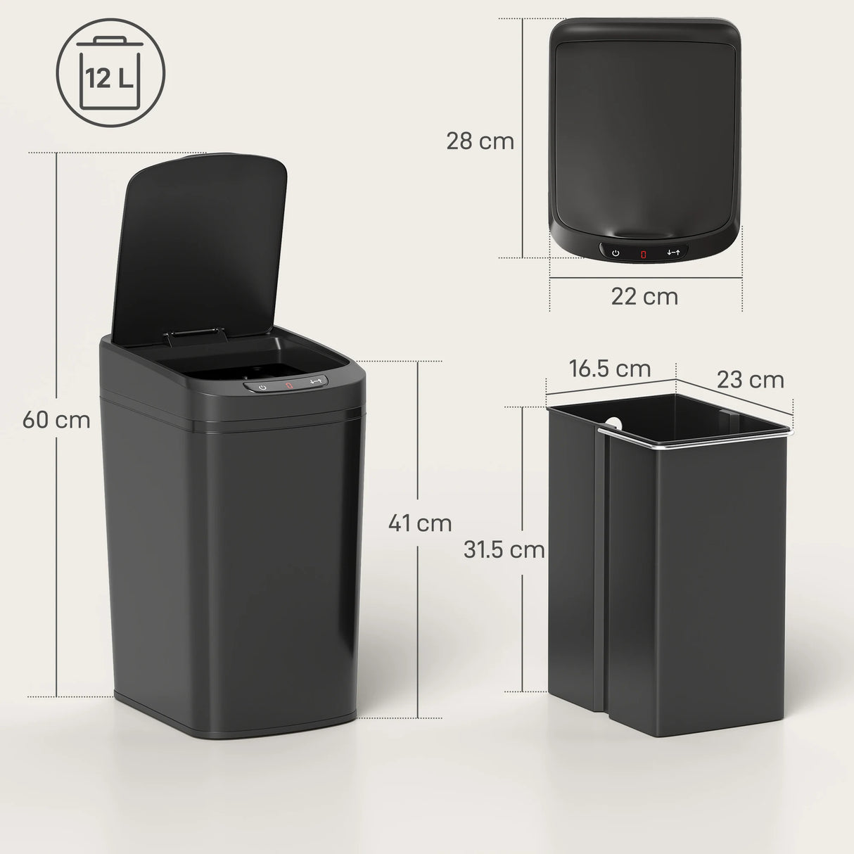 HOMCOM 12L Sensor Bin, Automatic Touchless Motion Sensor Kitchen Bin with Fingerprint Resistant Stainless Steel, Black