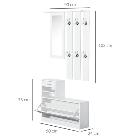 HOMCOM 2PC Shoes Storage Chest Cloths Rack Unit w/Mirror Multiple Shelves Large Storage Capacity Shoes Cabinet 6 Hooks Cloth Rack White