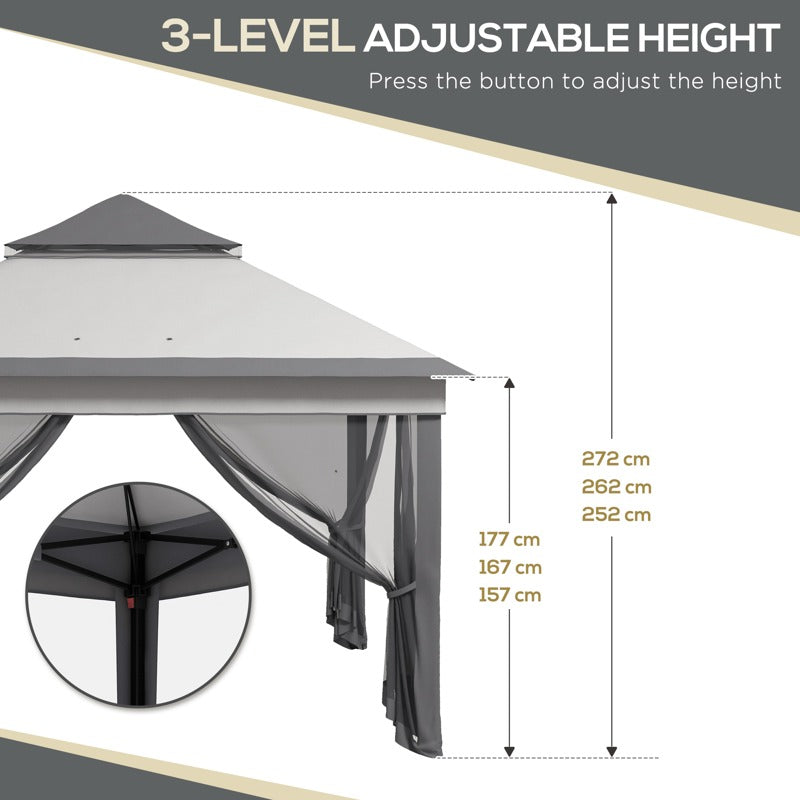 Outsunny 3 x 3(m) Pop Up Gazebo, Height Adjustable Instant Event Shelter with Netting and Carrying Bag, Grey