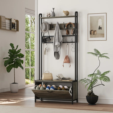 HOMCOM 5-In-1 Industrial-Style Hallway Tree - Grey/Black