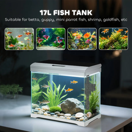 PawHut 17L Glass Fish Tank with Filter System, LED Light, Water Pump, for Betta, Goldfish, Shrimps, White