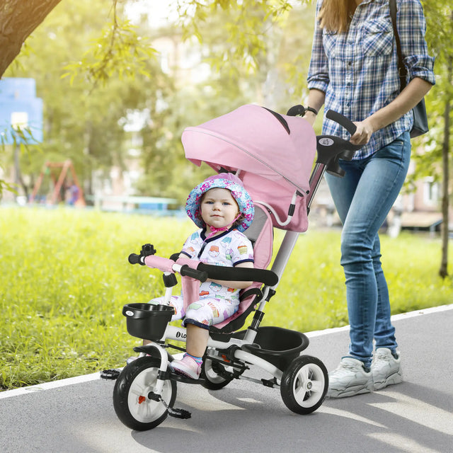 HOMCOM Metal Frame 6 in 1 Baby Push Tricycle with Parent Handle for 1-5 Years Old, Pink