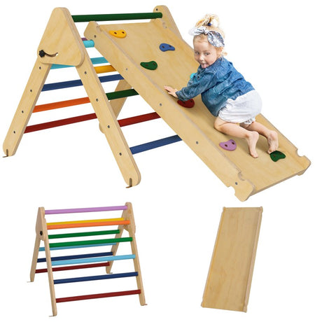 AIYAPLAY Toddler Climbing Frame for Kids with Ramp, 3 in 1 Wooden Pikler Triangle Set for 18-48 Months, Multicolour