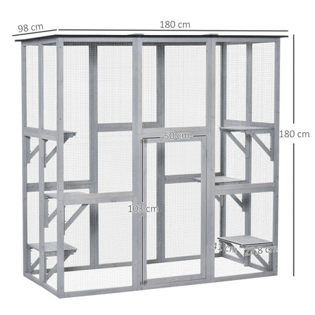 PawHut Wooden Catio Cat Outdoor Enclosure, Cat Cage with Waterproof Roof, Platforms, for Multiple Kittens, 180 x 98 x 180 cm