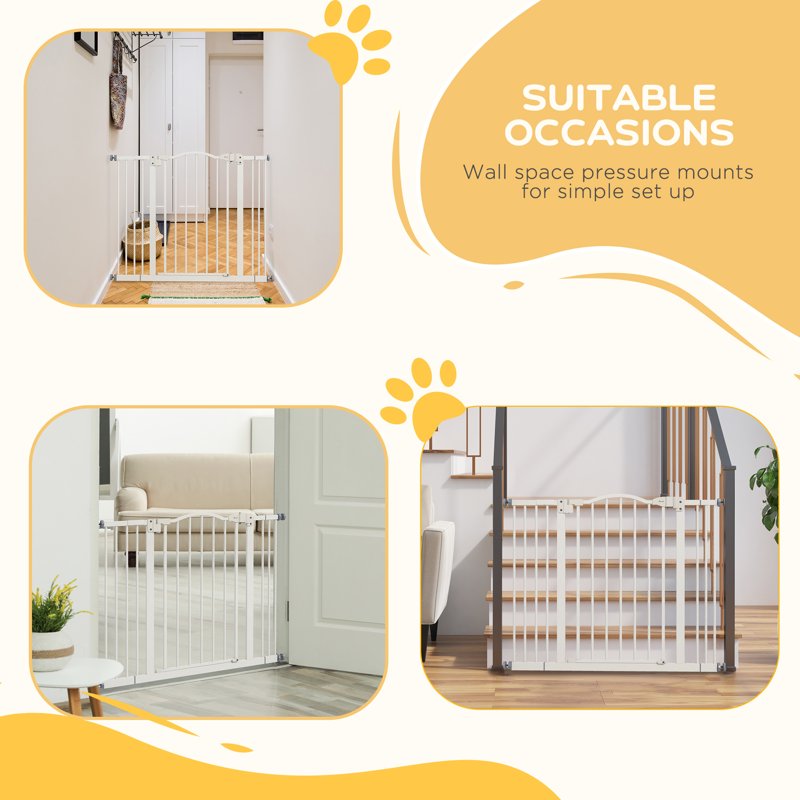 PawHut Metal 74-100cm Adjustable Pet Gate Safety Barrier w/ Auto-Close Door White