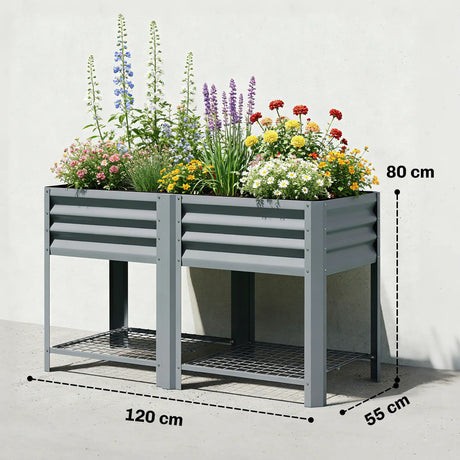 Outsunny Raised Garden Bed with Storage Shelf Steel Elevated Planter Box with Legs for Outdoor Vegetables Flowers